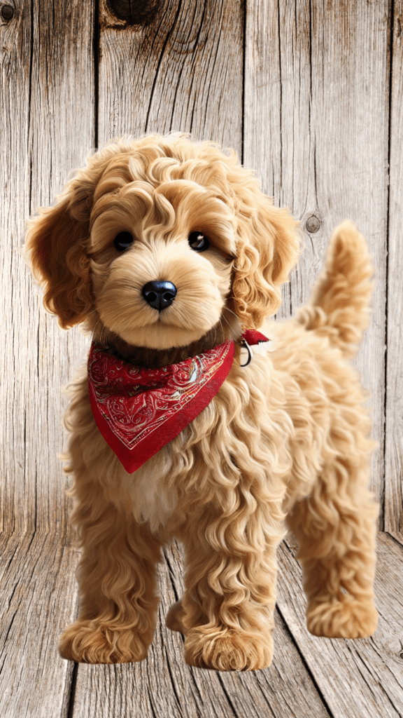 Goldendoodle relajado de pie con una pañoleta roja mostrando su naturaleza cariñosa