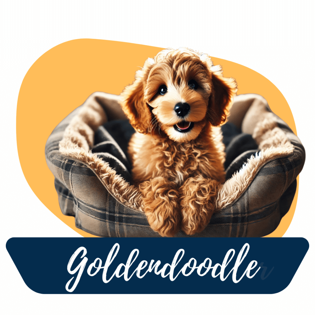 Goldendoodle en una canasta sonriente 