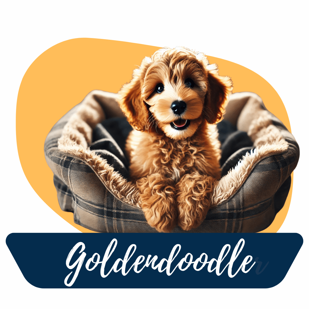 Goldendoodle en una canasta sonriente