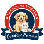 Logo de Tu Cachorro Medellín: imagen de un perro Golden Retriever sonriente junto a un gato blanco, rodeados por un círculo rojo y azul con texto Criadero Premium."