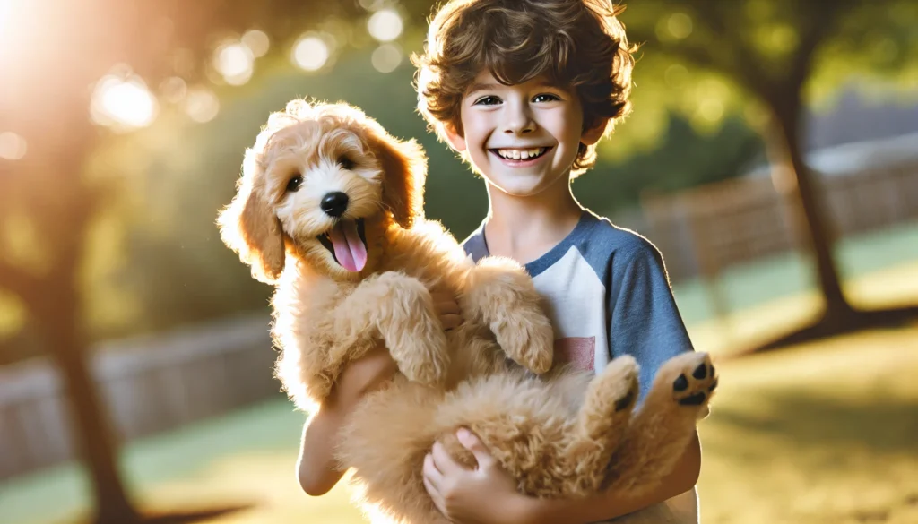 Niño feliz sonriente cargando un cachorro de Goldendoodle en un parque, mostrando una conexión alegre y afectuosa.