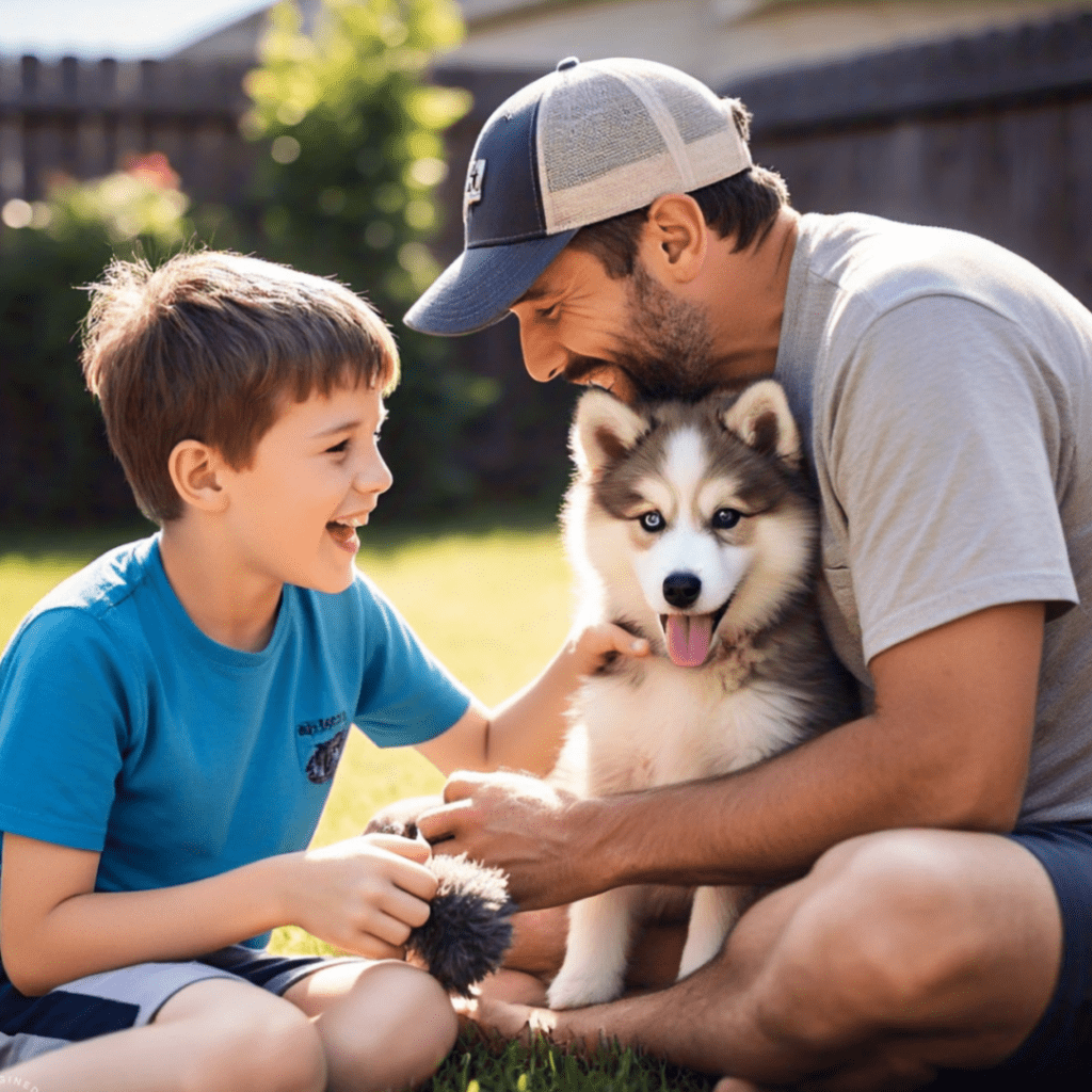 Padre e hijo jugando con Cachorro Pomsky en el patio felices y sonrientes