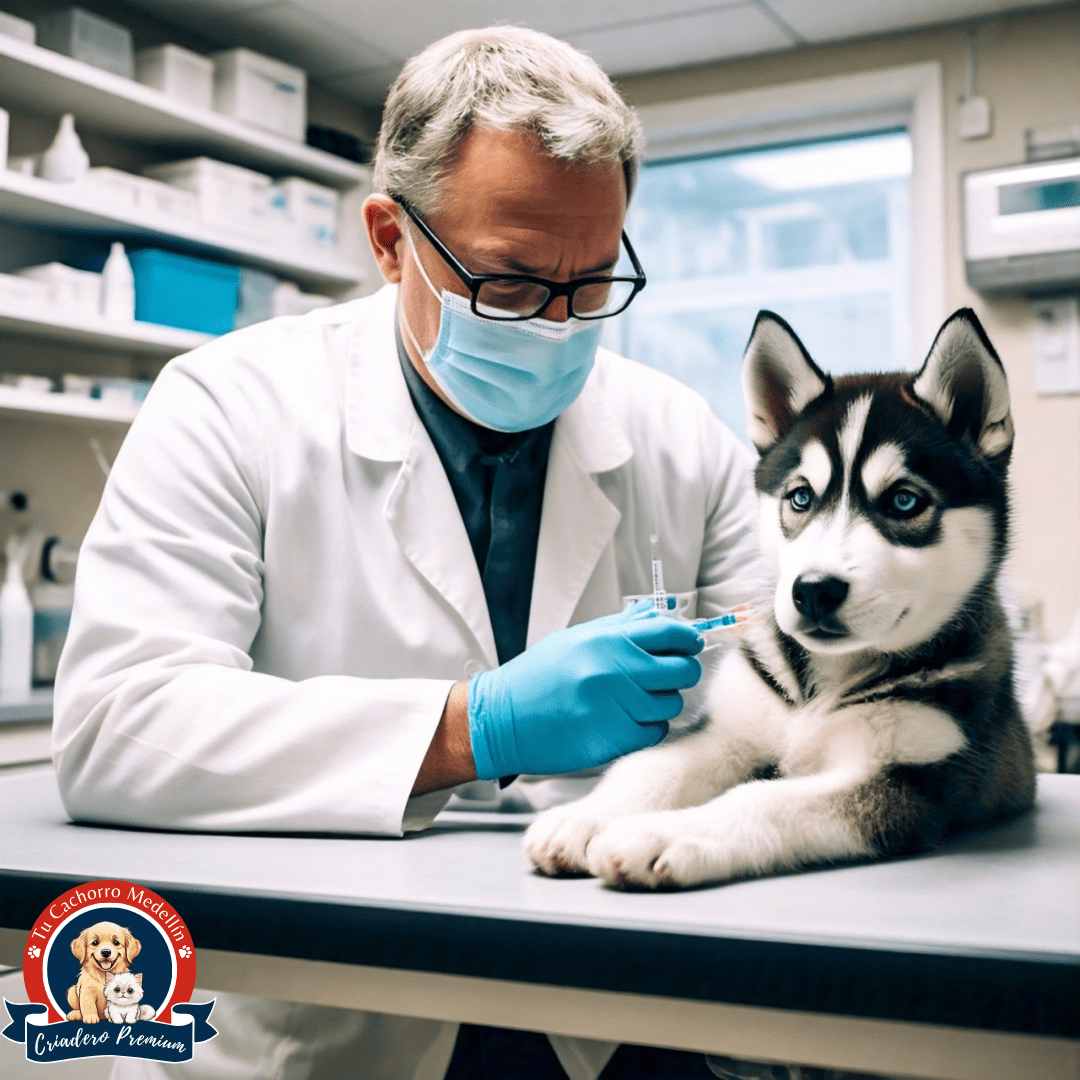 Veterinario vacunando a un cachorro husky para proteger su salud
