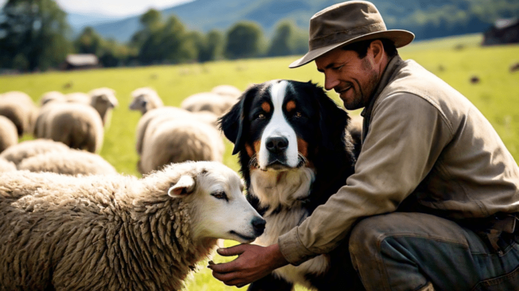 perros de pastoreo tu cachorro medellin hombre en el campo con su Bernés de la Montaña cuidando ovejas
