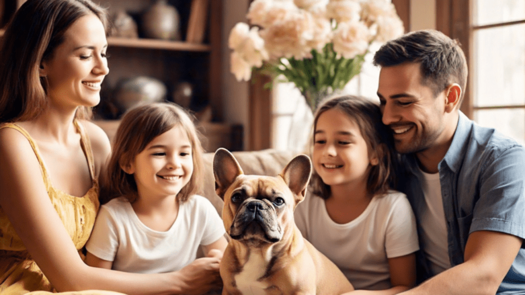 Perro Bulldog Frances feliz con su familia en la sala de la casa perros tranquilos criadero tu cachorro medellin