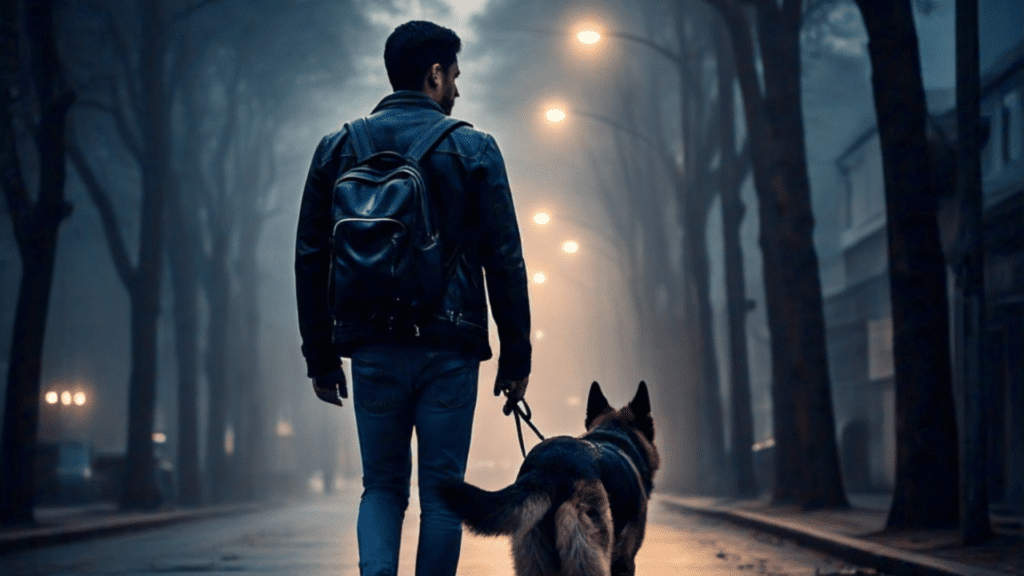 Perros Guardianes tu Cachorro Medellin, Hombre caminando por la calle de noche protegido por su Pastor Aleman