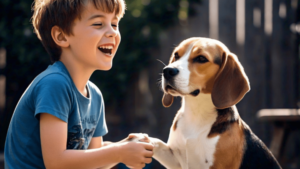 niño feliz jugando con su  perro beagle  