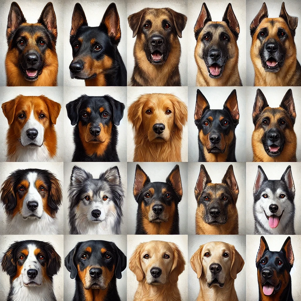 Collage de tipos de razas de perros de diferentes razas del criadero Tu Cachorro Medellín, incluyendo Pastor Alemán, Doberman, Jack Russell Terrier, Dachshund, Siberian Husky, Beagle, Braco Alemán, Golden Retriever, Poodle y Galgo. Perros de raza en Medellín