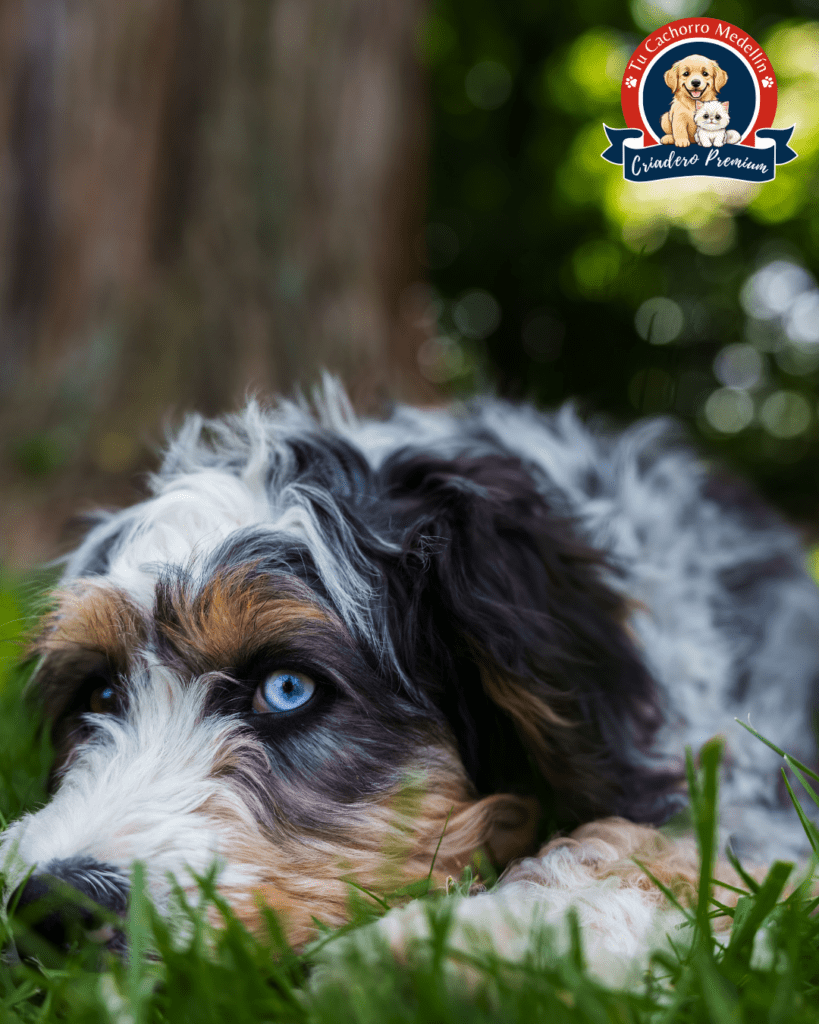 bernedoodle cachorro de pelaje rizado en casa con familia