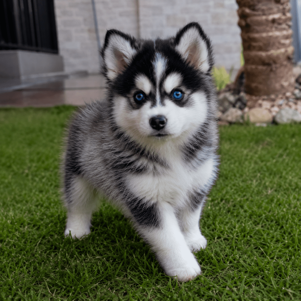 Pomsky mini cachorro de ojos azules caminando en jardin