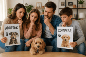 familiar mirando si eligen perro adoptado o un perro comprado en su nuevo hogar
