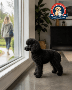 Perro solo en casa mirando por la ventana esperando a su dueña partir