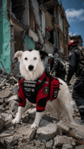 Perro rescatista trabajando entre escombros después de un terremoto