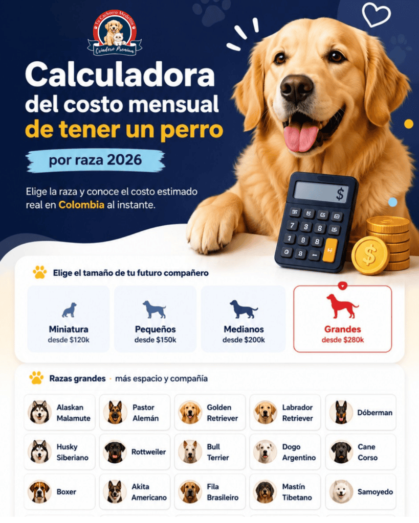 alculadora del costo mensual de tener un perro en Colombia por raza en 2026 con opciones para razas grandes y estimación de gastos