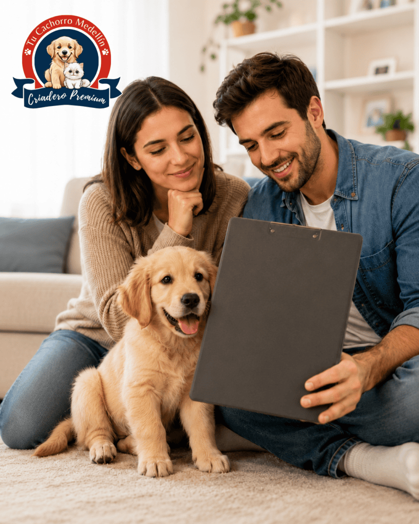 Familia colombiana feliz con su cachorro Golden Retriever en casa