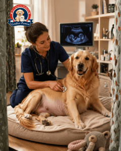 Perra embarazada con abdomen grande en etapa avanzada de gestación canina