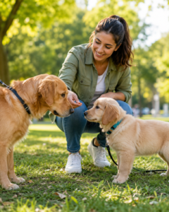 Cachorro siendo socializado con personas y otros perros en parque Colombia